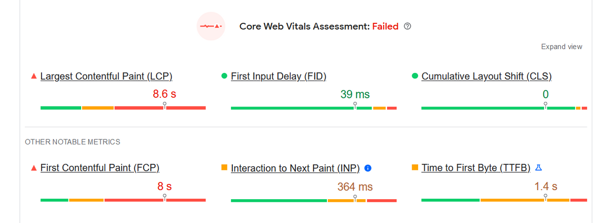 ▲ Largest Contentful Paint (LCP)
8.6 s
OTHER NOTABLE METRICS
▲ First Contentful Paint (FCP)
8 s
9
Core Web Vitals Assessment: Failed Ⓒ
• First Input Delay_(FID)
39 ms
9
Interaction to Next Paint (INP) ●
364 ms
Expand view
Cumulative Layout Shift (CLS)
0
Time to First Byte (TTFB) >
1.4 s