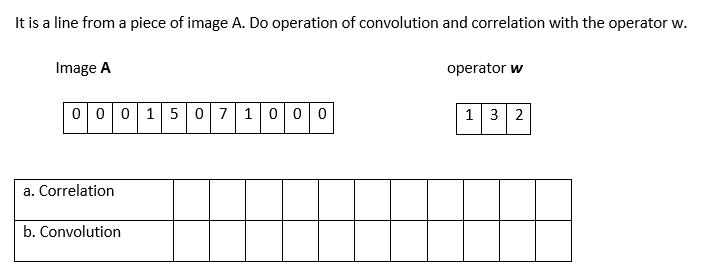 It is a line from a piece of image A. Do operation of convolution and correlation with the operator w.
Image A
0 0 0 1 5 0 7 1 0 0 0
a. Correlation
b. Convolution
operator w
132
1 3 2