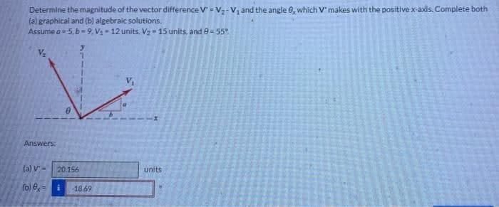 Determine the magnitude of the vector difference V = V₂-V₁ and the angle 0, which V makes with the positive x-axis. Complete both
(a) graphical and (b) algebraic solutions.
Assume a=5,b=9. V₁-12 units, V₂-15 units, and 9-55°
V₂
Answers:
(a) v' =
20.156
units
(b) = i -18.69