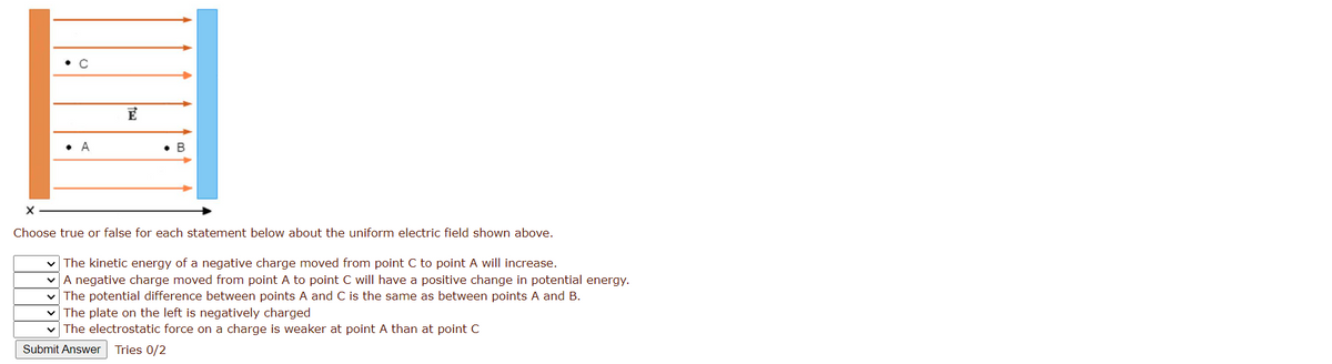 E
• A
• B
Choose true or false for each statement below about the uniform electric field shown above.
The kinetic energy of a negative charge moved from point C to point A will increase.
v A negative charge moved from point A to point C will have a positive change in potential energy.
v The potential difference between points A and C is the same as between points A and B.
v The plate on the left is negatively charged
The electrostatic force on a charge is weaker at point A than at point C
Submit Answer Tries 0/2
