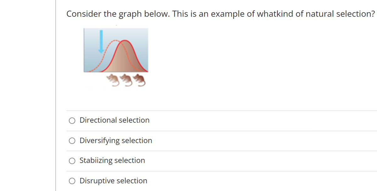 Consider the graph below. This is an example of whatkind of natural selection?
h
Directional selection
Diversifying selection
Stabiizing selection
Disruptive selection