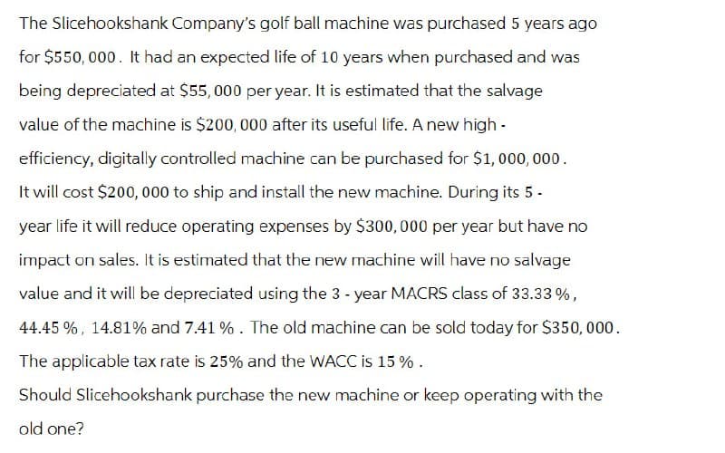 The Slicehookshank Company's golf ball machine was purchased 5 years ago
for $550,000. It had an expected life of 10 years when purchased and was
being depreciated at $55,000 per year. It is estimated that the salvage
value of the machine is $200,000 after its useful life. A new high-
efficiency, digitally controlled machine can be purchased for $1,000,000.
It will cost $200,000 to ship and install the new machine. During its 5 -
year life it will reduce operating expenses by $300,000 per year but have no
impact on sales. It is estimated that the new machine will have no salvage
value and it will be depreciated using the 3-year MACRS class of 33.33%,
44.45 %, 14.81% and 7.41 %. The old machine can be sold today for $350,000.
The applicable tax rate is 25% and the WACC is 15 %.
Should Slicehookshank purchase the new machine or keep operating with the
old one?