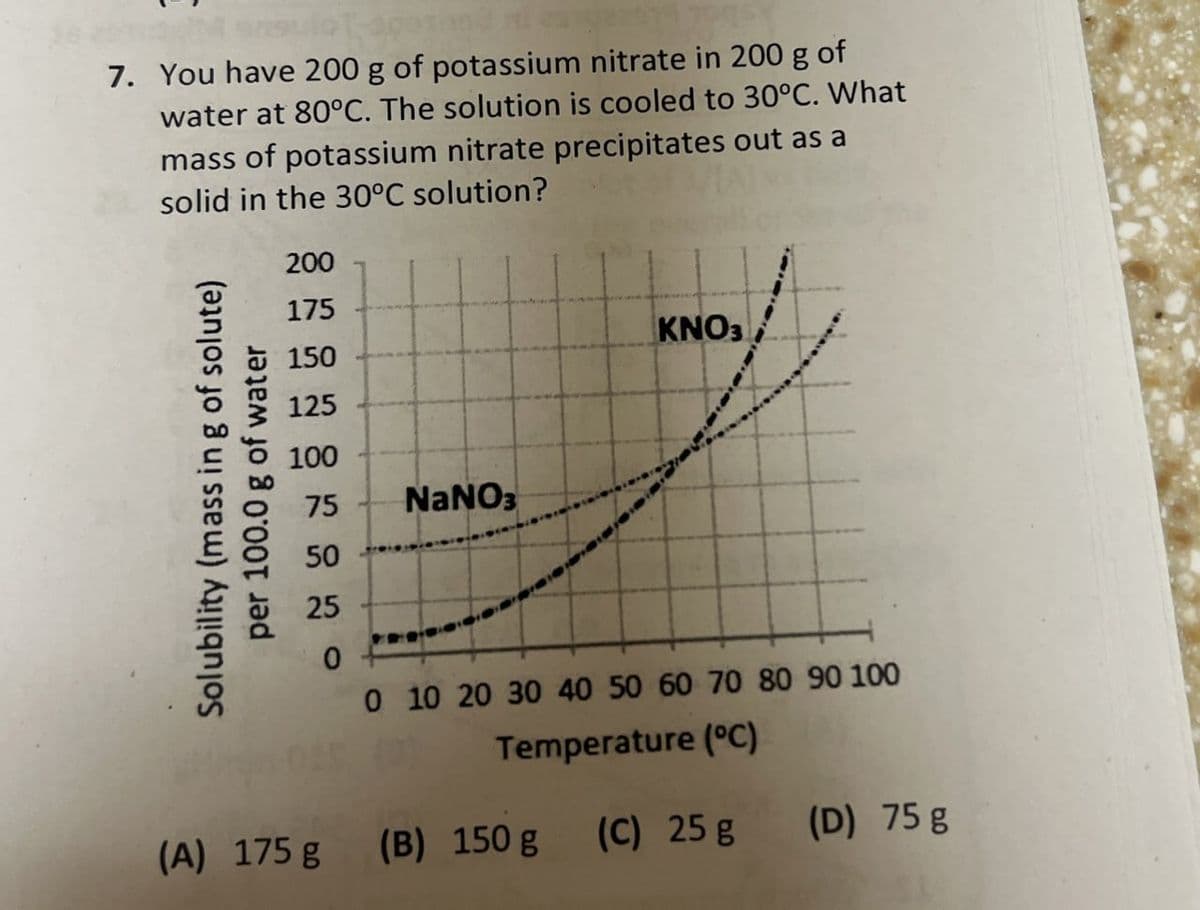 7. You have 200 g of potassium nitrate in 200 g of
water at 80°C. The solution is cooled to 30°C. What
mass of potassium nitrate precipitates out as a
solid in the 30°C solution?
Solubility (mass in g of solute)
per 100.0 g of water
200
175
150
125
100
75
NaNO3
50
25
0
KNO
0 10 20 30 40 50 60 70 80 90 100
Temperature (°C)
(A) 175 g (B) 150 g
(C) 25 g
(D) 75 g