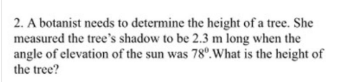 2. A botanist needs to determine the height of a tree. She
measured the tree's shadow to be 2.3 m long when the
angle of elevation of the sun was 78°. What is the height of
the tree?