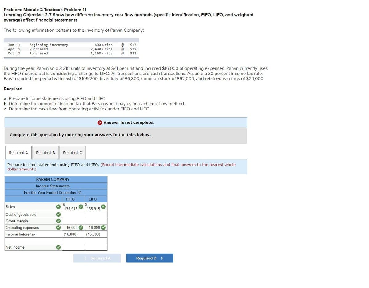 Problem: Module 2 Textbook Problem 11
Learning Objective: 2-7 Show how different inventory cost flow methods (specific identification, FIFO, LIFO, and weighted
average) affect financial statements
The following information pertains to the inventory of Parvin Company:
Jan. 1 Beginning inventory
Purchased
Purchased
Apr. 1
Oct. 1
During the year, Parvin sold 3,315 units of inventory at $41 per unit and incurred $16,000 of operating expenses. Parvin currently uses
the FIFO method but is considering a change to LIFO. All transactions are cash transactions. Assume a 30 percent income tax rate.
Parvin started the period with cash of $109,200, inventory of $6,800, common stock of $92,000, and retained earnings of $24,000.
Required A Required B
Required
a. Prepare income statements using FIFO and LIFO.
b. Determine the amount of income tax that Parvin would pay using each cost flow method.
c. Determine the cash flow from operating activities under FIFO and LIFO.
Complete this question by entering your answers in the tabs below.
PARVIN COMPANY
Income Statements
For the Year Ended December 31
FIFO
$
135,915
Sales
Cost of goods sold
Gross margin
Operating expenses
Income before tax
Required C
Net income
400 units
2,400 units
1,100 units @
Prepare income statements using FIFO and LIFO. (Round intermediate calculations and final answers to the nearest whole
dollar amount.)
✓
✓
✓ 16,000
(16,000)
✓
$
@
@
LIFO
135,915
$17
$22
$23
Answer is not complete.
16,000✔
(16,000)
< Required A
Required B >