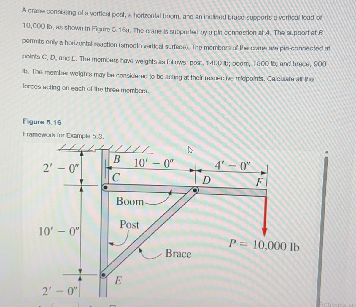 A crane consisting of a vertical post, a horizontal boom, and an inclined brace supports a vertical load of
10,000 lb, as shown in Figure 5.16a. The crane is supported by a pin connection at A. The support at B
permits only a horizontal reaction (smooth vertical surface). The members of the crane are pin-connected at
points C, D, and E. The members have weights as follows: post, 1400 lb; boom, 1500 lb; and brace, 900
lb. The member weights may be considered to be acting at their respective midpoints. Calculate all the
forces acting on each of the three members.
Figure 5.16
Framework for Example 5.3.
1111
2'-0"
B
B
10'- 0"
4'-0"
C
D
F
Boom
Post
10'- 0"
P = 10,000 lb
Brace
E
2'-0"
Activate W