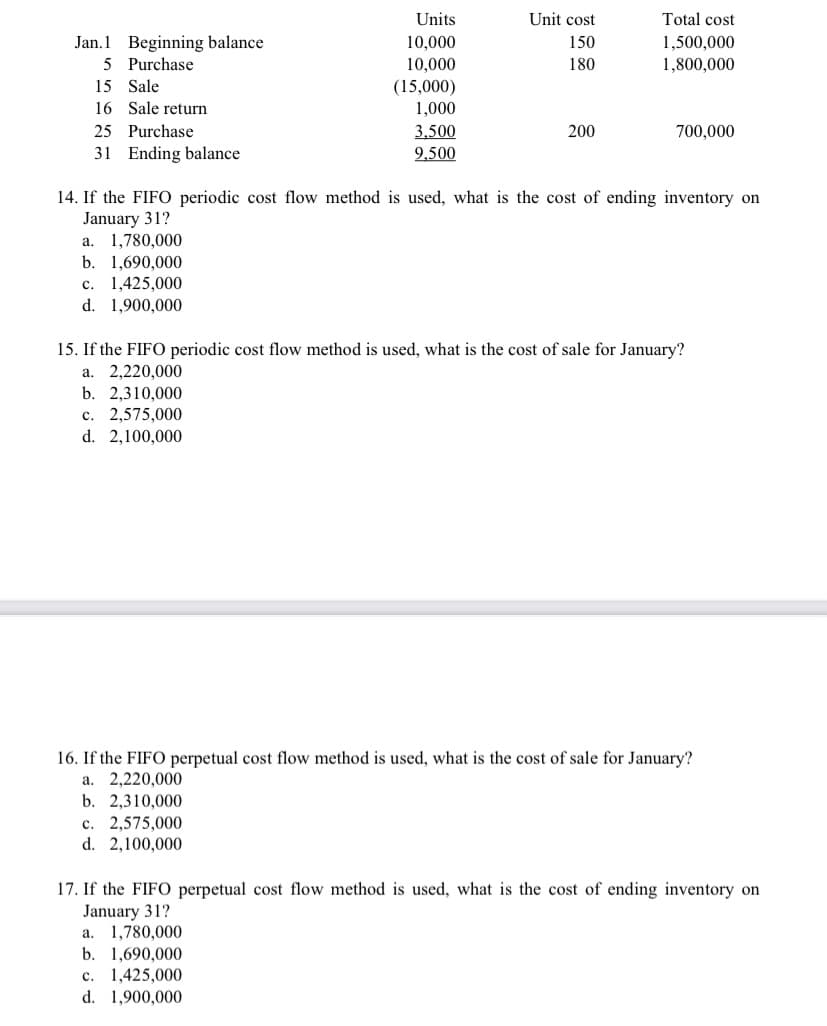 Units
Unit cost
Total cost
Jan.1 Beginning balance
5 Purchase
10,000
150
1,500,000
10,000
180
1,800,000
15 Sale
16 Sale return
(15,000)
1,000
3,500
9,500
25 Purchase
200
700,000
31 Ending balance
14. If the FIF0 periodic cost flow method is used, what is the cost of ending inventory on
January 31?
a. 1,780,000
b. 1,690,000
1,425,000
d. 1,900,000
с.
15. If the FIFO periodic cost flow method is used, what is the cost of sale for January?
а. 2,220,000
b. 2,310,000
c. 2,575,000
d. 2,100,000
16. If the FIFO perpetual cost flow method is used, what is the cost of sale for January?
a. 2,220,000
b. 2,310,000
c. 2,575,000
d. 2,100,000
17. If the FIFO perpetual cost flow method is used, what is the cost of ending inventory on
January 31?
a. 1,780,000
b. 1,690,000
c. 1,425,000
d. 1,900,000
