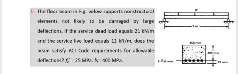 1- The floor beam in Fig. below supports nonstructural
elements not likely to be damaged by large
deflections. If the service dead load equals 21 kN/m
and the service live load equals 12 kN/m, does the
450 mm
beam satisfy ACI Code requirements for allowable
400 mm
deflections? f = 25 MPa, fy= 400 MPa.
SØ25 mm
%3D
75 mm
