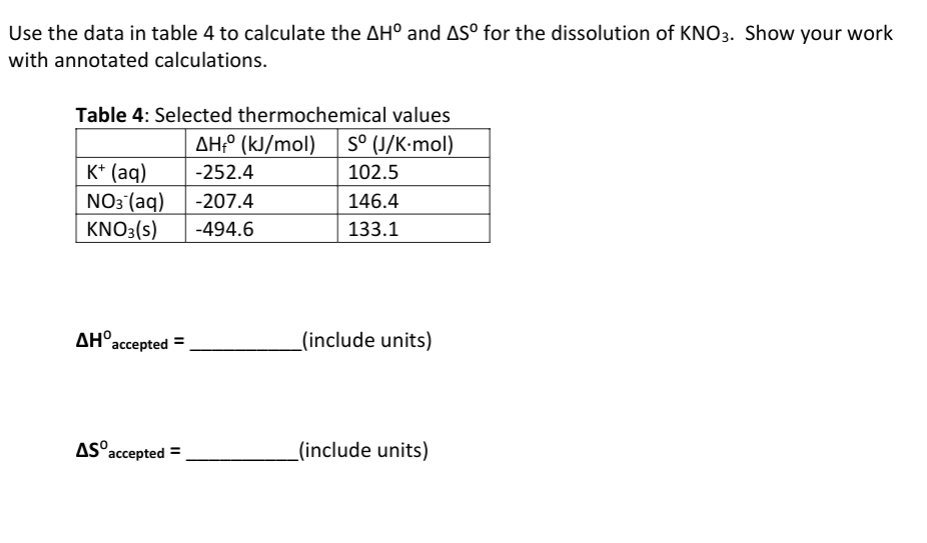 Use the data in table 4 to calculate the AHº and ASº for the dissolution of KNO3. Show your work
with annotated calculations.
Table 4: Selected thermochemical values
AH+° (kJ/mol)
Sº (J/K-mol)
K+ (aq)
-252.4
102.5
NO3(aq) -207.4
146.4
KNO3(s)
-494.6
133.1
AH accepted =
(include units)
AS accepted =
(include units)