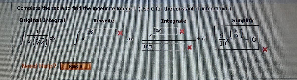 DI+
Complete the table to find the indefinite integral. (Use C for the constant of integration.)
Original Integral
Rewrite
10/9
Integrate
Simplify
10
ea
/-(श
GX
Need Help?
Read it
хр
10/9
E