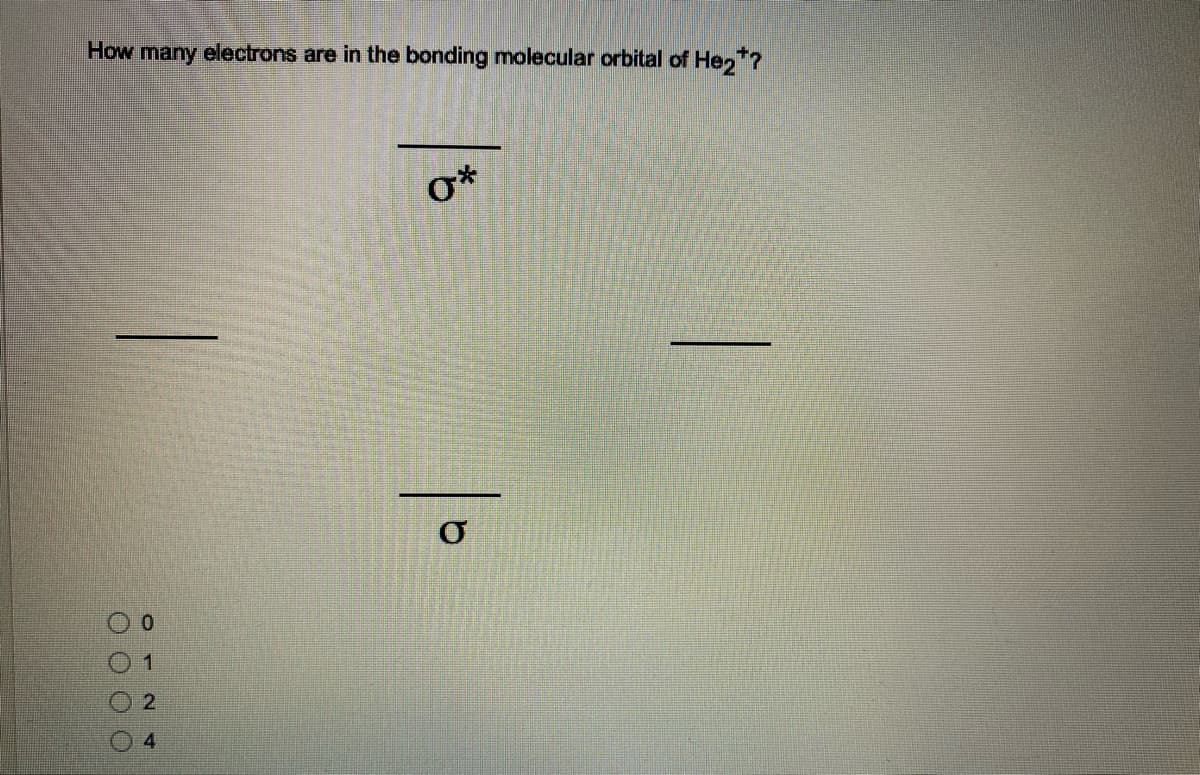 How many electrons are in the bonding molecular orbital of Hez ?
o*
0.
2
4.
