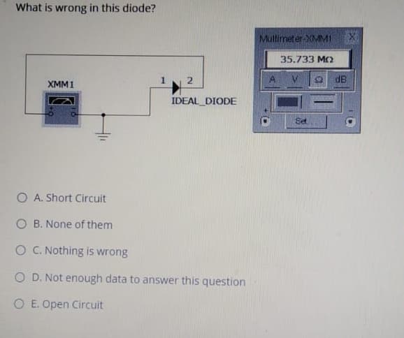 What is wrong in this diode?
Mullimeter XMMI
35.733 M2
1
dB
XMM1
IDEAL DIODE
Set
O A. Short Circuit
O B. None of them
O C. Nothing is wrong
O D. Not enough data to answer this question
O E. Open Circuit
