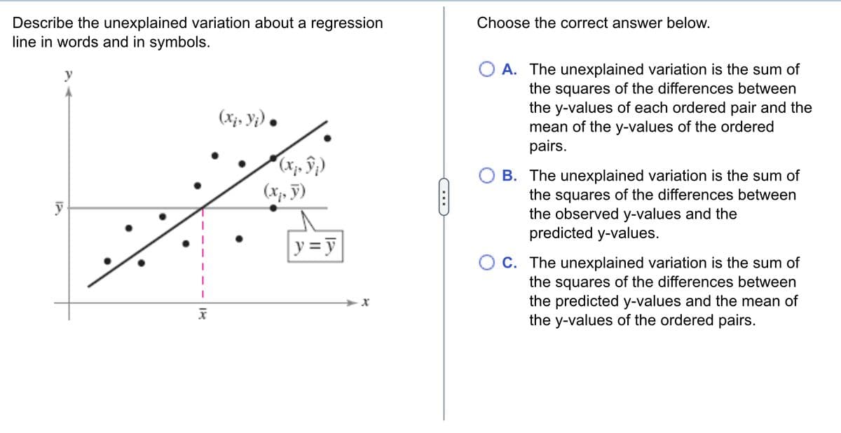 Describe the unexplained variation about a regression
line in words and in symbols.
y
X
(xi, Yj) •
(,,))
(x, y)
y = y
Choose the correct answer below.
O A. The unexplained variation is the sum of
the squares of the differences between
the y-values of each ordered pair and the
mean of the y-values of the ordered
pairs.
B. The unexplained variation is the sum of
the squares of the differences between
the observed y-values and the
predicted y-values.
OC. The unexplained variation is the sum of
the squares of the differences between
the predicted y-values and the mean of
the y-values of the ordered pairs.