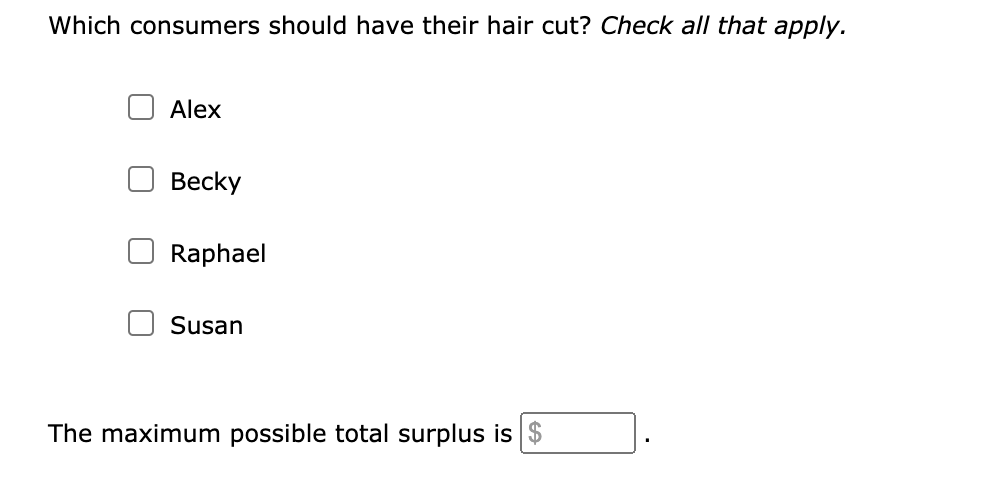 Which consumers should have their hair cut? Check all that apply.
Alex
Вecky
Raphael
Susan
The maximum possible total surplus is $
