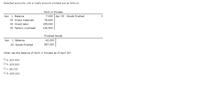 Selected accounts with a credit amount omitted are as follows:
Work in Process
Apr. 1 Balance
7,000 Apr. 30 Goods finished
30 Direct materials
78,400
30 Direct labor
195,000
30 Factory overhead
136,500
Finished Goods
Apr.
1 Balance
42,000
30 Goods finished
387,000
What was the balance of Work in Process as of April 30?
a. $22,900
b. $29,900
C. $8,100
Od. $35,000
