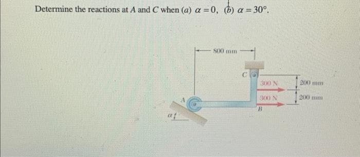 Determine the reactions at A and C when (a) a = 0, (b) a = 30°.
af
800 mm
300 N
300 N
B
200 mm
200 mm