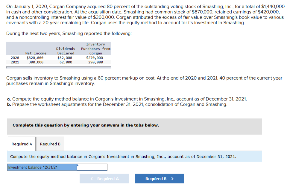 On January 1, 2020, Corgan Company acquired 80 percent of the outstanding voting stock of Smashing, Inc., for a total of $1,440,000
in cash and other consideration. At the acquisition date, Smashing had common stock of $870,000, retained earnings of $420,000,
and a noncontrolling interest fair value of $360,000. Corgan attributed the excess of fair value over Smashing's book value to various
covenants with a 20-year remaining life. Corgan uses the equity method to account for its investment in Smashing.
During the next two years, Smashing reported the following:
2020
2021
Net Income
$320,000
300,000
Dividends
Declared
$52,000
62,000
Inventory
Purchases from
Corgan
$270,000
290,000
Corgan sells inventory to Smashing using a 60 percent markup on cost. At the end of 2020 and 2021, 40 percent of the current year
purchases remain in Smashing's inventory.
a. Compute the equity method balance in Corgan's Investment in Smashing, Inc., account as of December 31, 2021.
b. Prepare the worksheet adjustments for the December 31, 2021, consolidation of Corgan and Smashing.
Complete this question by entering your answers in the tabs below.
Required A Required B
Compute the equity method balance in Corgan's Investment in Smashing, Inc., account as of December 31, 2021.
Investment balance 12/31/21
< Required A
Required B >