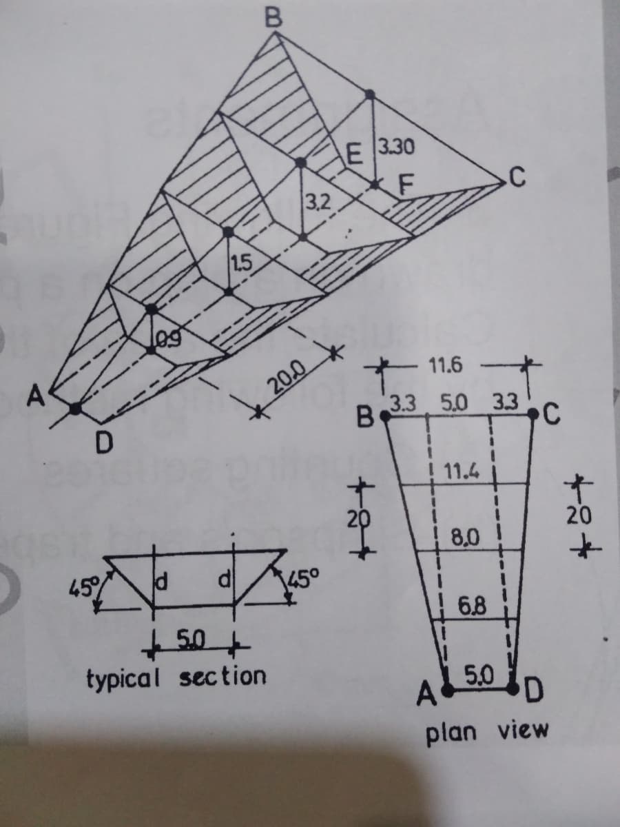 E 3.30
3,2
F
1.5
A
11.6
20.0
B3, 5.0 3.3
C
11.4
20
45
8,0
50 +
typical section
6.8
A
5.0
plan view
十
