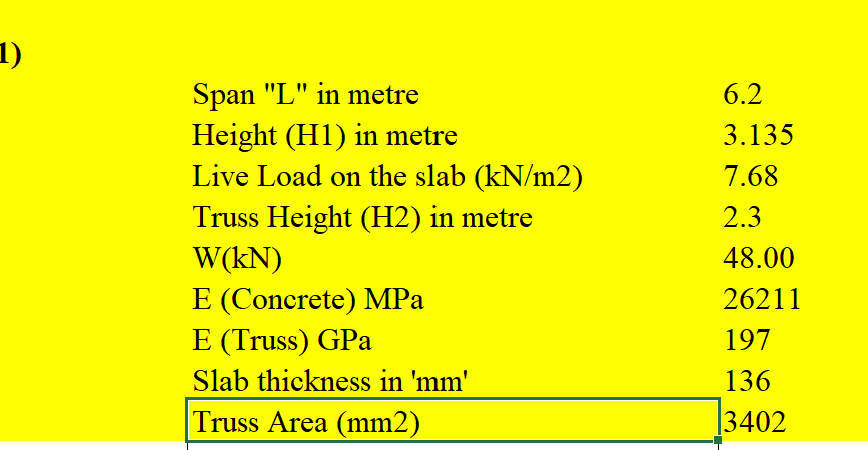 1)
Span "L" in metre
Height (H1) in metre
Live Load on the slab (kN/m2)
Truss Height (H2) in metre
W(kN)
6.2
3.135
7.68
2.3
48.00
E (Concrete) MPa
E (Truss) GPa
26211
197
Slab thickness in 'mm'
136
Truss Area (mm2)
|3402
