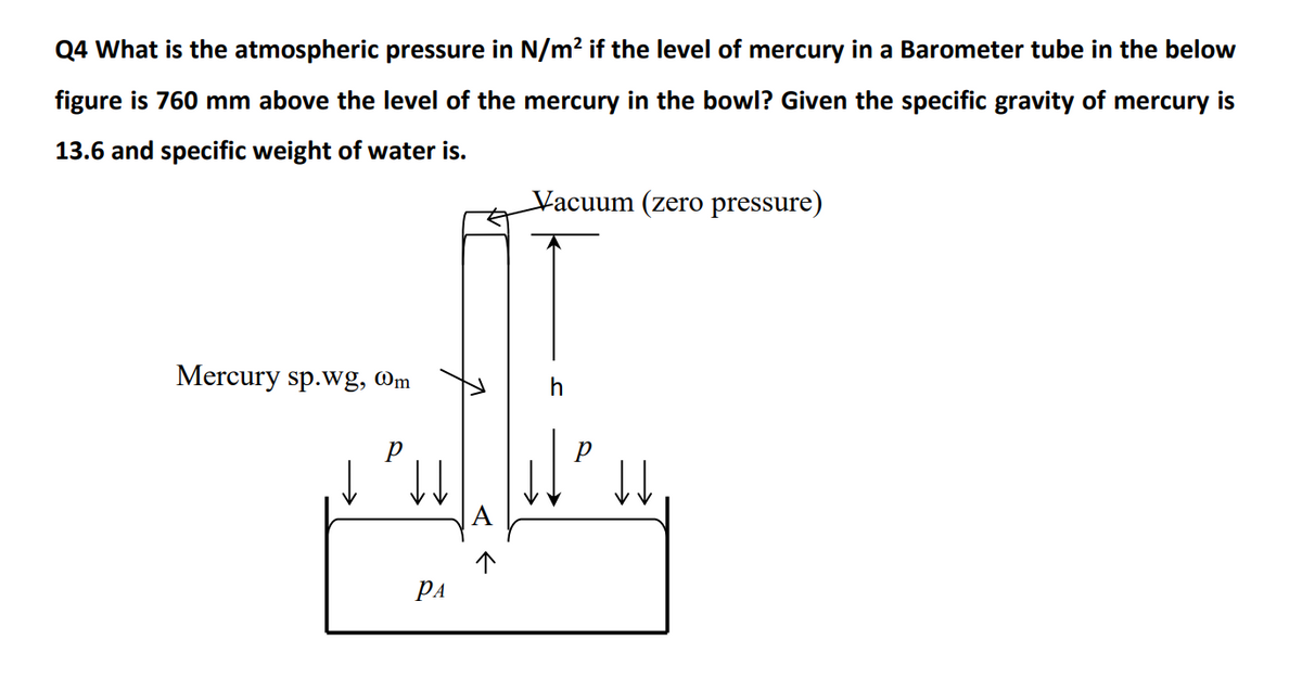 Q4 What is the atmospheric pressure in N/m² if the level of mercury in a Barometer tube in the below
figure is 760 mm above the level of the mercury in the bowl? Given the specific gravity of mercury is
13.6 and specific weight of water is.
Vacuum (zero pressure)
Mercury sp.wg, @m
PA
