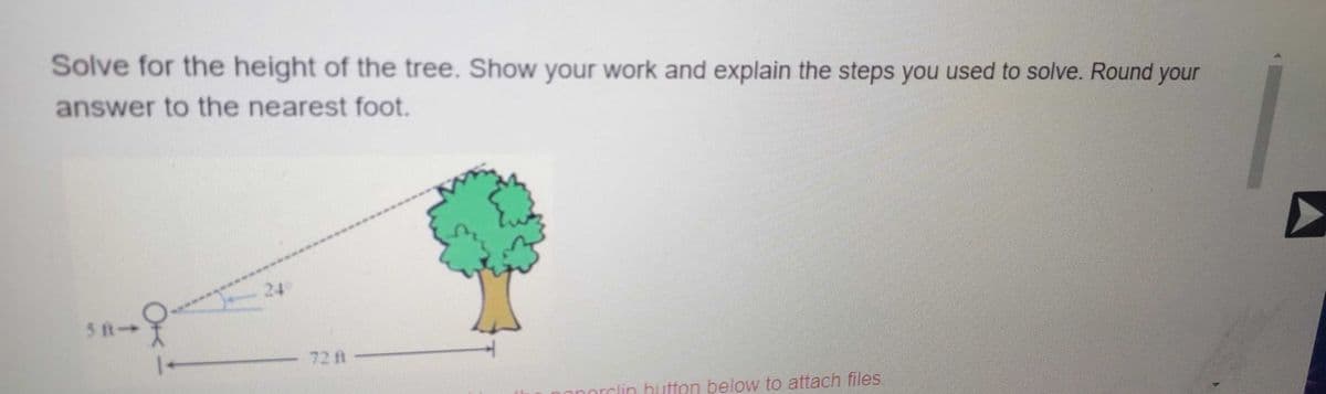 Solve for the height of the tree. Show your work and explain the steps you used to solve. Round your
answer to the nearest foot.
24
5 t-
- 72t
clin hutton below to attach files.
