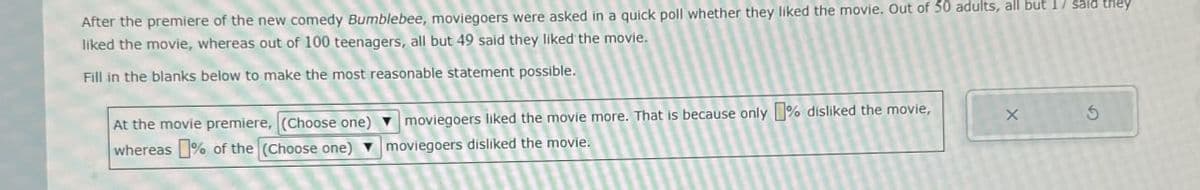 After the premiere of the new comedy Bumblebee, moviegoers were asked in a quick poll whether they liked the movie. Out of 50 adults, all but 17 said they
liked the movie, whereas out of 100 teenagers, all but 49 said they liked the movie.
Fill in the blanks below to make the most reasonable statement possible.
At the movie premiere, (Choose one)
whereas % of the (Choose one)
moviegoers liked the movie more. That is because only % disliked the movie,
moviegoers disliked the movie.
X
5