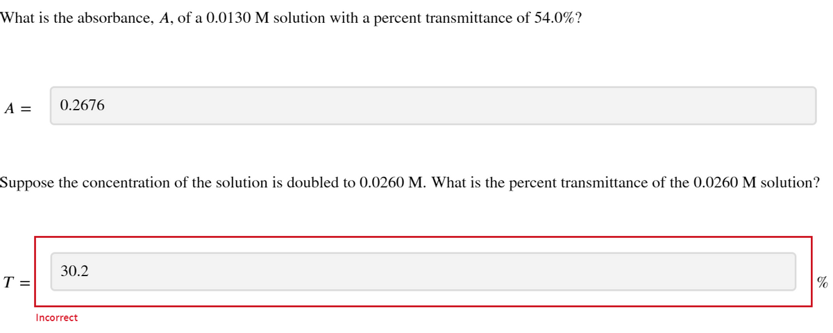 What is the absorbance, A, of a 0.0130 M solution with a percent transmittance of 54.0%?
A =
0.2676
Suppose the concentration of the solution is doubled to 0.0260 M. What is the percent transmittance of the 0.0260 M solution?
T =
30.2
Incorrect
%