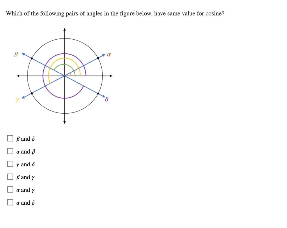 Which of the following pairs of angles in the figure below, have same value for cosine?
ß and 8
a and ß
☐y and 8
ß and y
a and y
a and 8
α
8