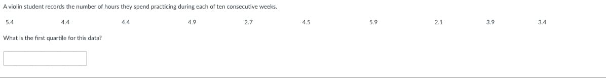 A violin student records the number of hours they spend practicing during each of ten consecutive weeks.
5.4
4.4
What is the first quartile for this data?
4.4
4.9
2.7
4.5
5.9
2.1
3.9
3.4