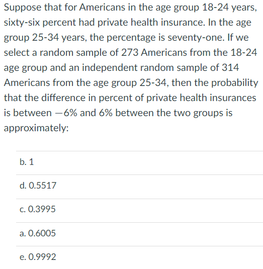 Suppose that for Americans in the age group 18-24 years,
sixty-six percent had private health insurance. In the age
group 25-34 years, the percentage is seventy-one. If we
select a random sample of 273 Americans from the 18-24
age group and an independent random sample of 314
Americans from the age group 25-34, then the probability
that the difference in percent of private health insurances
is between -6% and 6% between the two groups is
approximately:
b. 1
d. 0.5517
c. 0.3995
a. 0.6005
e. 0.9992