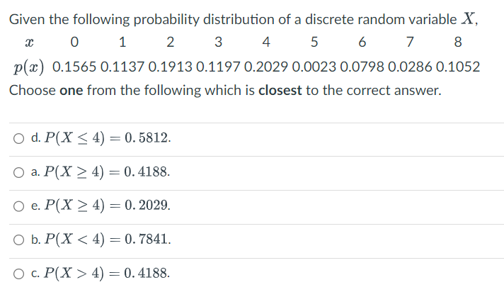 Given the following probability distribution of a discrete random variable X,
x
0
1
2
3
4
5
6 7 8
p(x) 0.1565 0.1137 0.1913 0.1197 0.2029 0.0023 0.0798 0.0286 0.1052
Choose one from the following which is closest to the correct answer.
O d. P(X ≤ 4) = 0.5812.
O a. P(X ≥ 4) = 0.4188.
O e. P(X ≥ 4) = 0.2029.
O b. P(X < 4) = 0.7841.
O C. P(X> 4) = 0.4188.