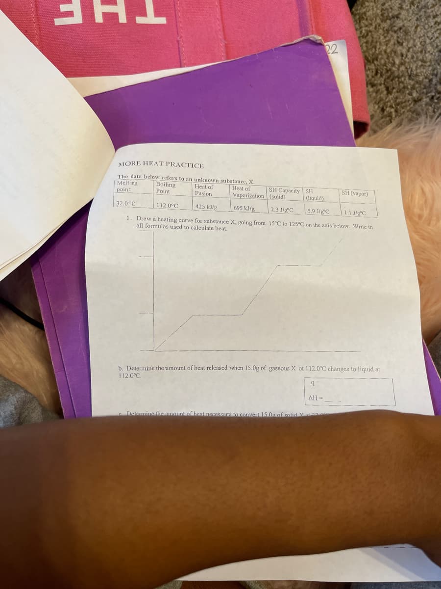 32.0°C
MORE HEAT PRACTICE
The data below refers to an unknown substance, X.
Melting
Heat of
Vaporization
Heat of
Boiling
Point
SH (vapor)
point
Fusion
112.0°C
425 kJ/g
695 kJ/g
2.3 J/gºC
5.9 J/gºC
1.₁/gc
1. Draw a heating curve for substance X, going from 15°C to 125°C on the axis below. Write in
all formulas to calculate heat.
SH Capacity
(solid)
SH
(liquid)
22
b. Determine the amount of heat released when 15.0g of gaseous X at 112.0°C changes to liquid at
112.0°C.
q
AH =
c. Determine the amount of heat necessary to convert 15.0g of solid Xa