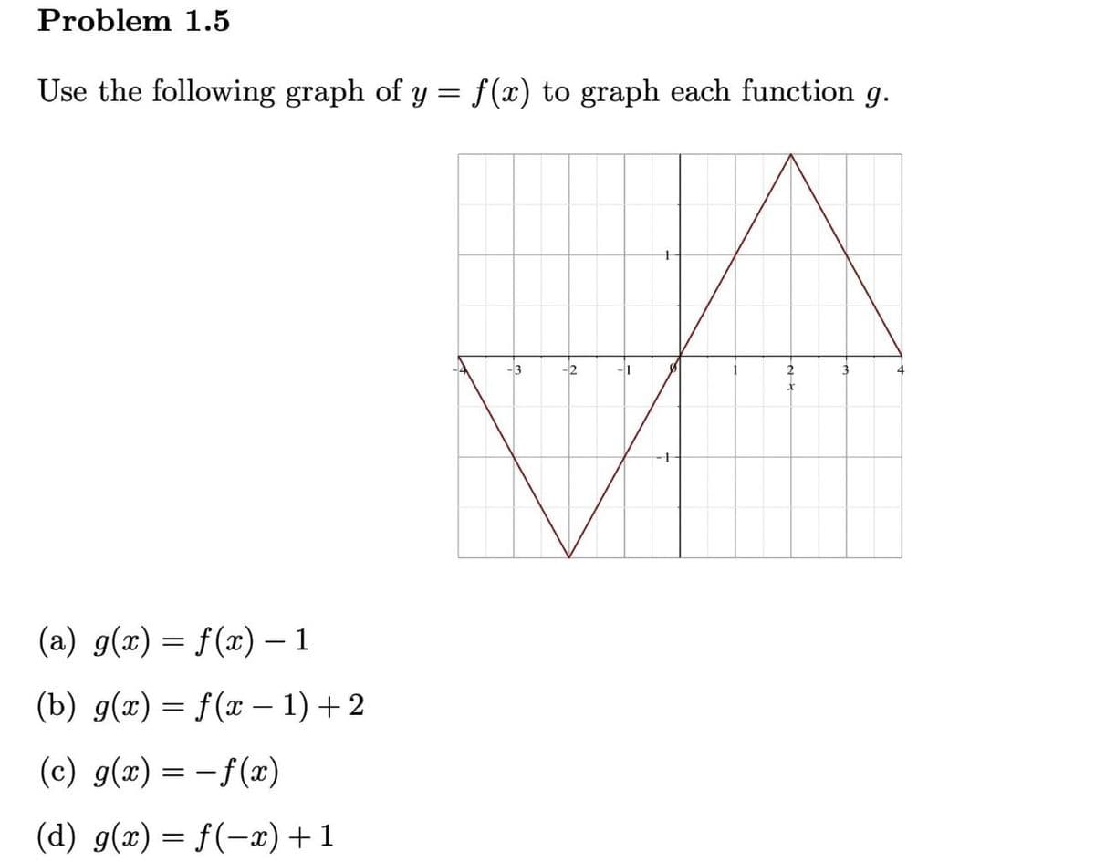 Problem 1.5
Use the following graph of y = f(x) to graph each function g.
(a) g(x) = f(x) - 1
(b) g(x) = f(x - 1) + 2
(c) g(x) = -f(x)
(d) g(x) = f(-x)+1
A