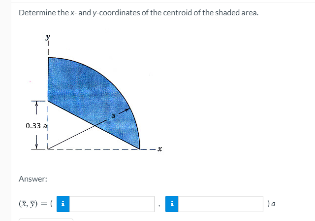 Determine the x- and y-coordinates of the centroid of the shaded area.
y
a
0.33 a
Answer:
(X, 7) = ( i
i
)a
