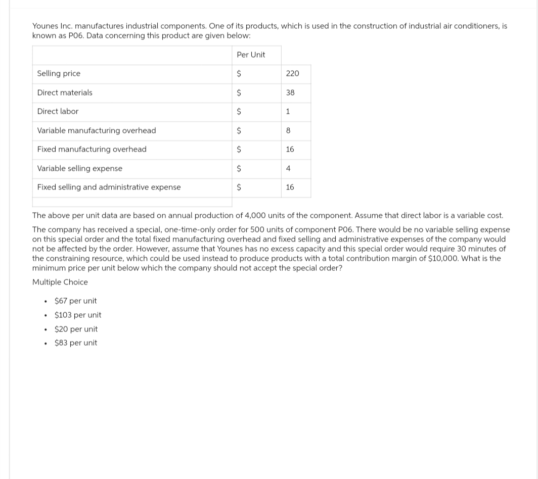 Younes Inc. manufactures industrial components. One of its products, which is used in the construction of industrial air conditioners, is
known as P06. Data concerning this product are given below:
Per Unit
Selling price
Direct materials.
Direct labor
Variable manufacturing overhead
Fixed manufacturing overhead
Variable selling expense
Fixed selling and administrative expense
$
Ś
$
$
$
$
$
$67 per unit
$103 per unit
$20 per unit
• $83 per unit
220
38
1
8
16
4
16
The above per unit data are based on annual production of 4,000 units of the component. Assume that direct labor is a variable cost.
The company has received a special, one-time-only order for 500 units of component P06. There would be no variable selling expense
on this special order and the total fixed manufacturing overhead and fixed selling and administrative expenses of the company would
not be affected by the order. However, assume that Younes has no excess capacity and this special order would require 30 minutes of
the constraining resource, which could be used instead to produce products with a total contribution margin of $10,000. What is the
minimum price per unit below which the company should not accept the special order?
Multiple Choice