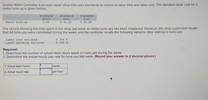 Quality Motor Company is an auto repair shop that uses standards to control its labor time and labor cost. The standard labor cost for a
motor tune-up is given below:
Standard
Hours
2,50
Labor rate variance
Labor spending variance
Standard
Rate
$ 34.00
Motor tune-up
The record showing the time spent in the shop last week on motor tune-ups has been misplaced. However, the shop supervisor recalls
that 54 tune-ups were completed during the week, and the controller recalls the following variance data relating to tune-ups:
1. Actual labor hours
2. Actual hourly rate
$ 350 F
$ 500 U
Standard
Cost
$85.00
Required:
1. Determine the number of actual labor-hours spent on tune-ups during the week.
2. Determine the actual hourly pay rate for tune-ups last week. (Round your answer to 2 decimal places.)
hours
per hour