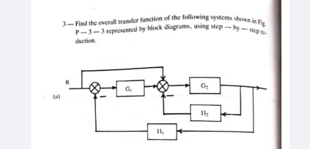 3
3- Find the overall transfer function of the following systems shown in Fig.
P-3-3 represented by block diagrams, using step-by-step re-
duction.
G₁
199
R