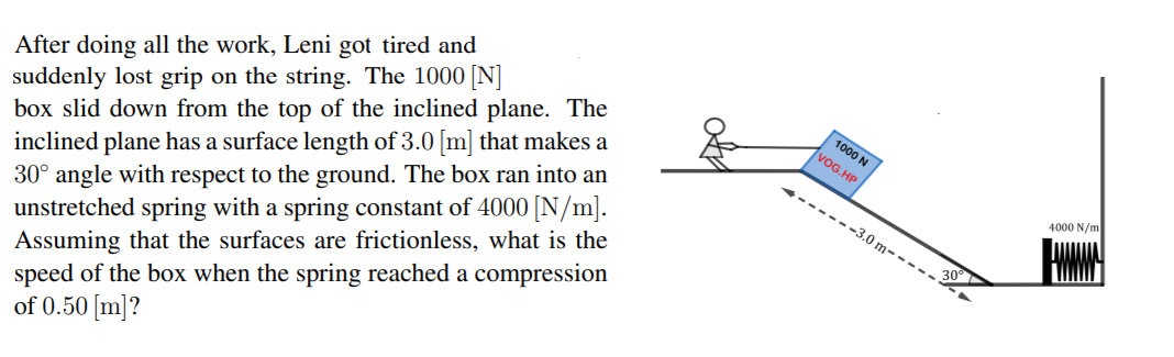 After doing all the work, Leni got tired and
suddenly lost grip on the string. The 1000 [N]
box slid down from the top of the inclined plane. The
inclined plane has a surface length of 3.0 [m] that makes a
30° angle with respect to the ground. The box ran into an
unstretched spring with a spring constant of 4000[N/m].
Assuming that the surfaces are frictionless, what is the
speed of the box when the spring reached a compression
of 0.50 [m]?
1000 N
1VOG.HP
4000 N/m
-----3.0 m----
30
