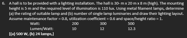 6. A hall is to be provided with a lighting installation. The hall is 30-m x 20m x 8 m (high). The mounting
height is 5 m and the required level of illumination is 110 lux. Using metal filament lamps, determine
(a) the rating of suitable lamp and (b) number of single lamp luminaries and draw their lighting layout.
Assume maintenance factor = 0.8, utilization coefficient = 0.6 and space/height ratio = 1.
200
Watt:
Lumen/watt:
10
[(a) 500 W, (b) 24 lamps,]
300
12
500
12.3