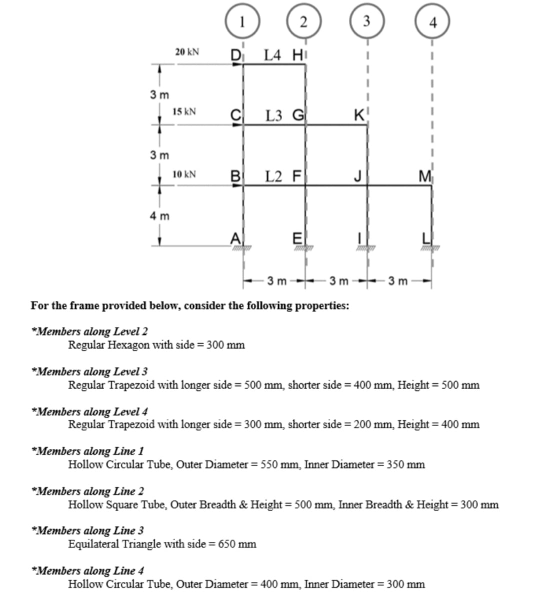 3 m
3 m
*Members along Line 1
4 m
20 kN
15 kN
*Members along Line 3
10 kN
1
2
Di L4 Hi
*Members along Line 4
C
B
A
Regular Hexagon with side = 300 mm
mm
3 m
For the frame provided below, consider the following properties:
*Members along Level 2
L3 G
L2 F
El
mmm
Equilateral Triangle with side = 650 mm
3m
3
K!
mm
*Members along Level 3
Regular Trapezoid with longer side = 500 mm, shorter side = 400 mm, Height = 500 mm
3 m
*Members along Level 4
Regular Trapezoid with longer side = 300 mm, shorter side = 200 mm, Height = 400 mm
M₁
m
Hollow Circular Tube, Outer Diameter = 550 mm, Inner Diameter = 350 mm
*Members along Line 2
Hollow Square Tube, Outer Breadth & Height = 500 mm, Inner Breadth & Height = 300 mm
Hollow Circular Tube, Outer Diameter = 400 mm, Inner Diameter = 300 mm