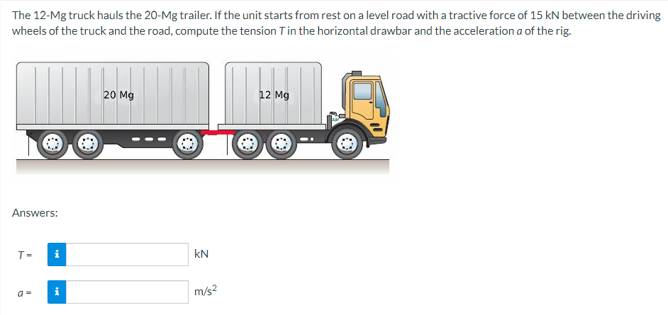 The 12-Mg truck hauls the 20-Mg trailer. If the unit starts from rest on a level road with a tractive force of 15 kN between the driving
wheels of the truck and the road, compute the tension in the horizontal drawbar and the acceleration a of the rig.
Answers:
T =
a =
i
i
O
20 Mg
€
kN
m/s²
12 Mg