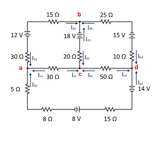 15 Q
b
25 N
lab
Iab
12 V=
18 V:
15 V
Icb
30 Ω.
Iba
20 Ωςs
10 Ω
Iod
a
Ica 30 2
lac C ldc 50n
Icd
lad
14 V
Ida
5Ω
8 V
15 O
