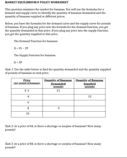 MARKET EQUILIBRIUM & POLICY WORKSHEET
This question examines the market for bananas. You will use the formulas for a
demand and supply curve to identify the quantity of bananas demanded and the
quantity of bananas supplied at different prices.
Below, you have the formulas for the demand curve and the supply curve for pounds
of bananas. If you plug any price into the formula for the demand function, you get
the quantity demanded at that price. If you plug any price into the supply function,
you get the quantity supplied at that price.
The Demand Function for bananas:
Q-25-2P
The Supply Function for bananas:
Q-3P
Task 1: Use the table below to find the quantity demanded and the quantity supplied
of pounds of bananas at each price.
Price
(per pound of bananas)
$2
4
6
8
10
Quantity of Bananas Quantity of Bananas
Demanded
(pounds)
21
9
Supplied
(pounds)
12
Task 2: At a price of $4, is there a shortage or surplus of bananas? How many
pounds?
Task 3: At a price of $8, is there a shortage or surplus of bananas? How many
pounds?