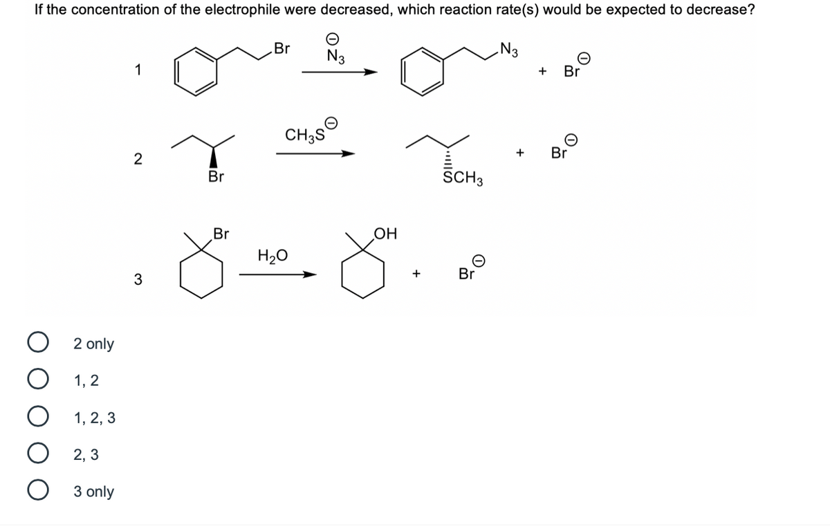 If the concentration of the electrophile were decreased, which reaction rate(s) would be expected to decrease?
.Br
N3
N3
1
Br
CH,SO
Br
2
Br
SCH3
Br
OH
H20
+
Br
3
2 only
1, 2
1, 2, 3
O 2, 3
O 3 only
