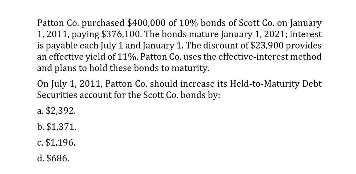 Patton Co. purchased $400,000 of 10% bonds of Scott Co. on January
1, 2011, paying $376,100. The bonds mature January 1, 2021; interest
is payable each July 1 and January 1. The discount of $23,900 provides
an effective yield of 11%. Patton Co. uses the effective-interest method
and plans to hold these bonds to maturity.
On July 1, 2011, Patton Co. should increase its Held-to-Maturity Debt
Securities account for the Scott Co. bonds by:
a. $2,392.
b. $1,371.
c. $1,196.
d. $686.