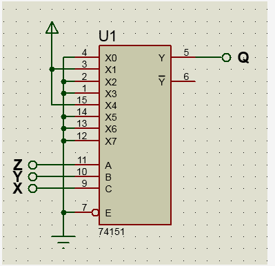 U1
4
5
-O Q
Y
3
X1
2
6
X2
1
X3
15
Х4
14
X5
13
X6
12
X7
11
A
10
В
7.
-의 E
74151
N>X
