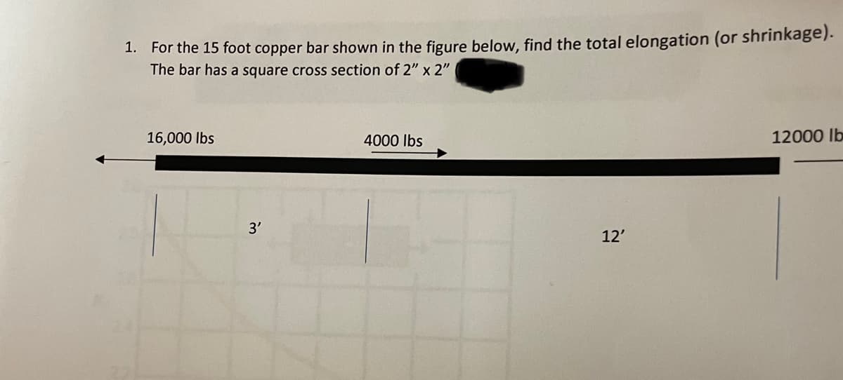 1. For the 15 foot copper bar shown in the figure below, find the total elongation (or shrinkage).
The bar has a square cross section of 2" x 2"
16,000 lbs
3'
4000 lbs
12'
12000 lb