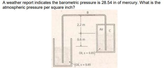 A weather report indicates the barometric pressure is 28.54 in of mercury. What is the
atmospheric pressure per square inch?
B
2.2 m
Air C
0.6 m
Ol, s- 0.85
Noil, s- 0.85
