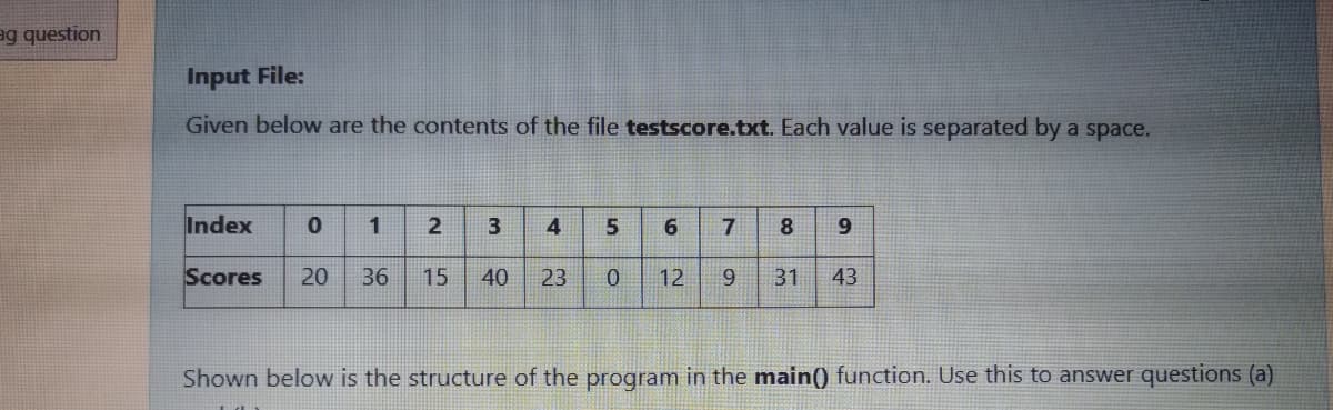 ag question
Input File:
Given below are the contents of the file testscore.txt. Each value is separated by a space.
Index
1
3
4
6.
8
9.
Scores
36
15
40
23
12
9.
31
43
Shown below is the structure of the program in the main() function. Use this to answer questions (a)
20
