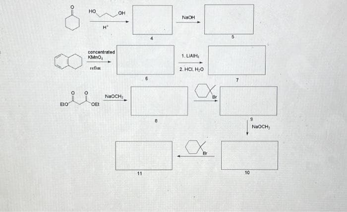 8
M
Eto
O
HO
H
concentrated
KMnO
reflux
ΘΕΙ
OH
NaOCH,
11
8
NaOH
1. LIAIH
2. HCI, H₂O
Br
7
9
| No
10
NaOCH₁